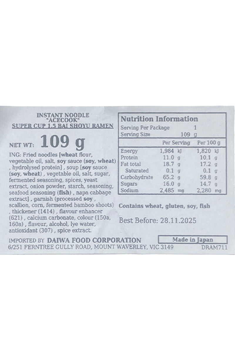 ACECOOK Super Cup 1.5 Shoyu Ramen 109g