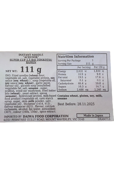 ACECOOK Super Cup 1.5 Tonkotsu Ramen 109g