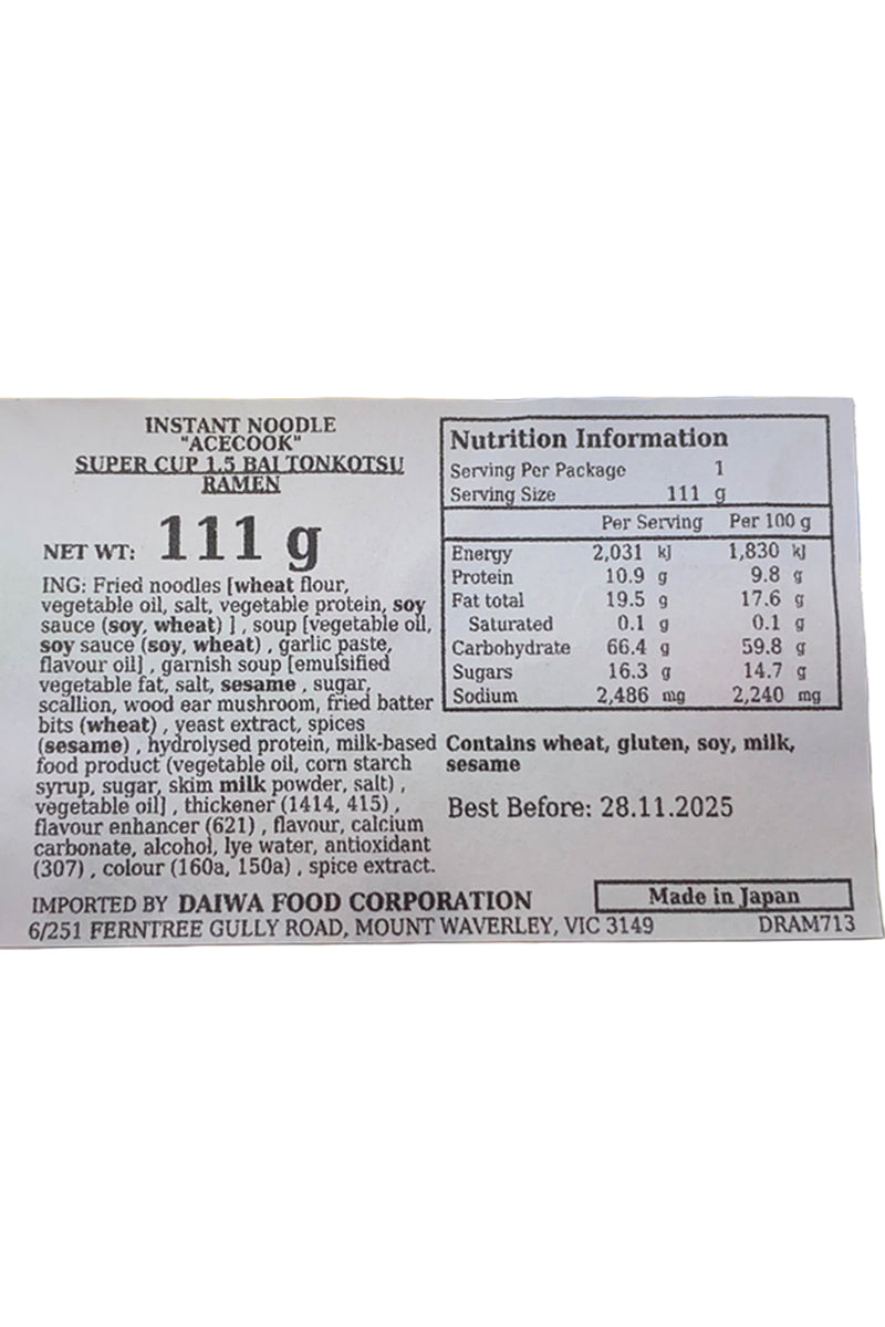 ACECOOK Super Cup 1.5 Tonkotsu Ramen 109g