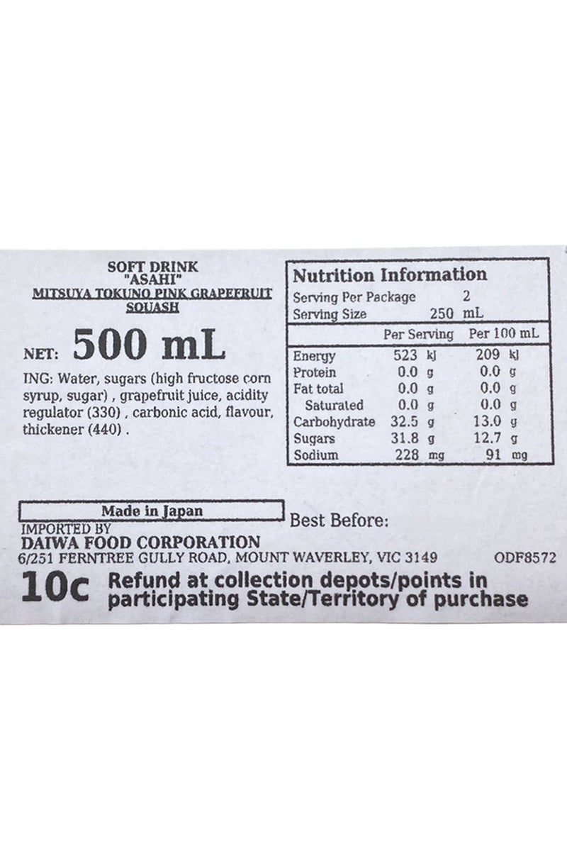 ASAHI Mitsuya Tokuno Pink Grapefruit Squash 500ml